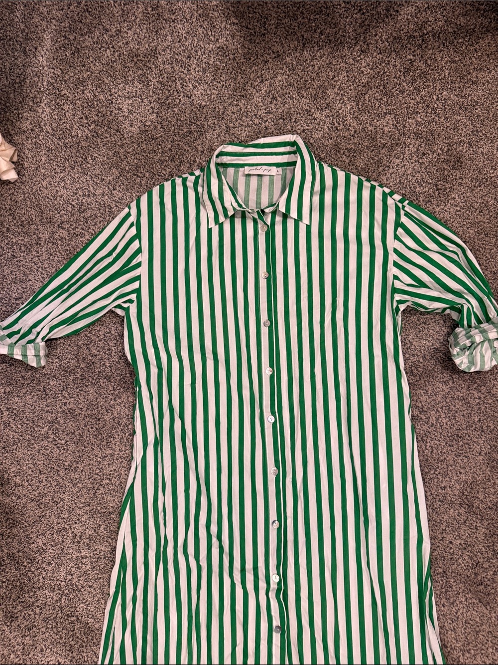 Petal & Pup Green and White Vertical Stripe Maxi Shirt Dress - Picture 3 of 6